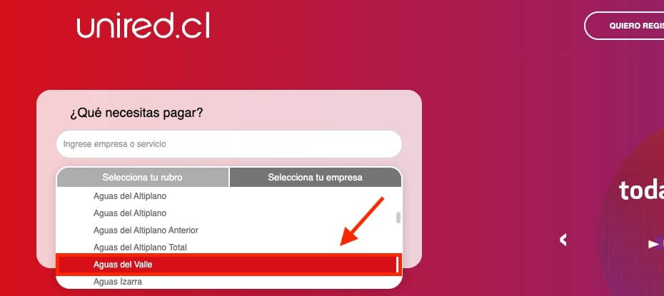 Pagar Aguas del Valle con numero de cliente en Unired paso 3