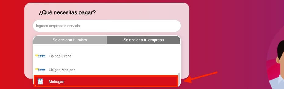 Pagar Metrogas con número de cliente en Unired paso 3